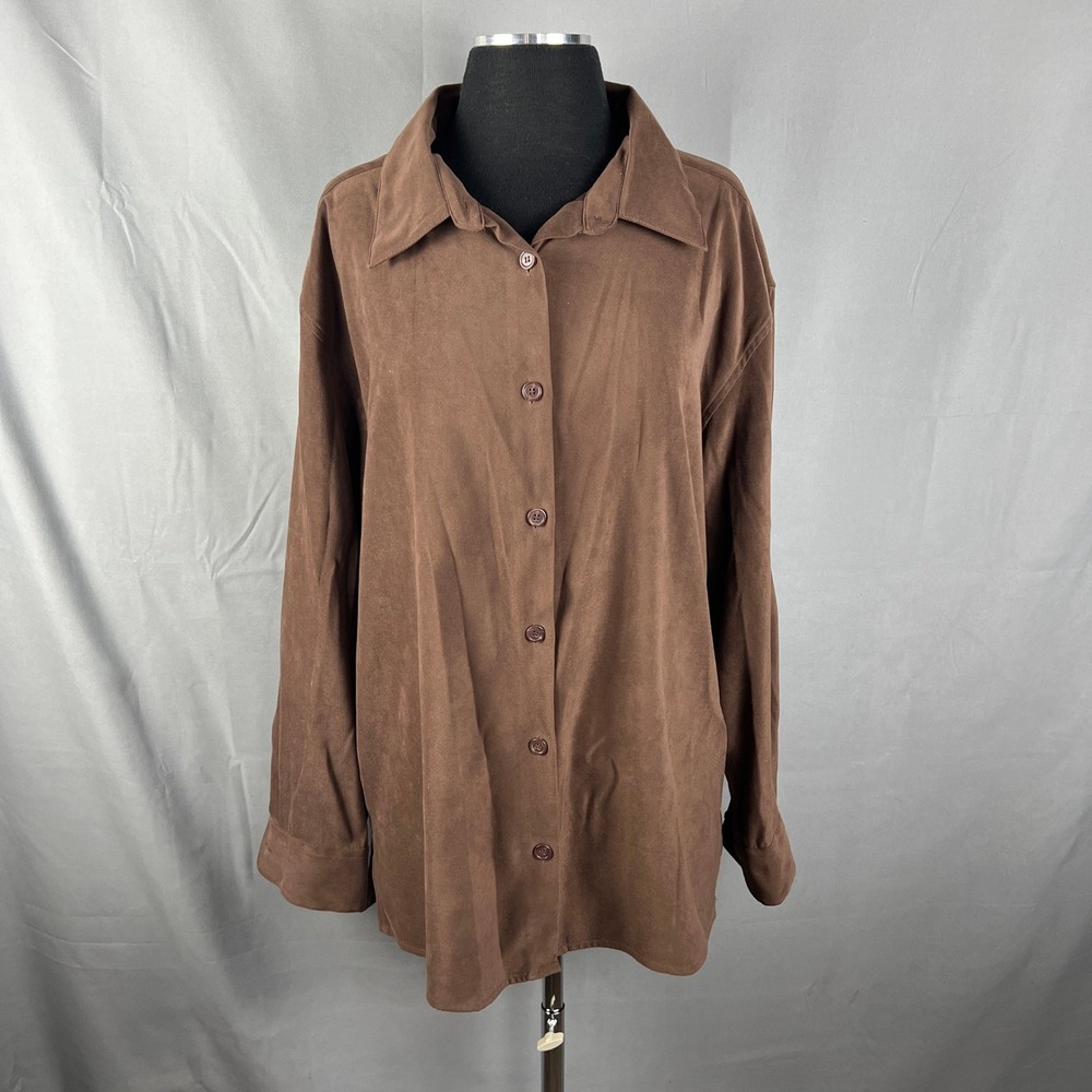 Real Comfort Shirt Womens XL Brown Stretch Pleated Casual Side Slit Button Up